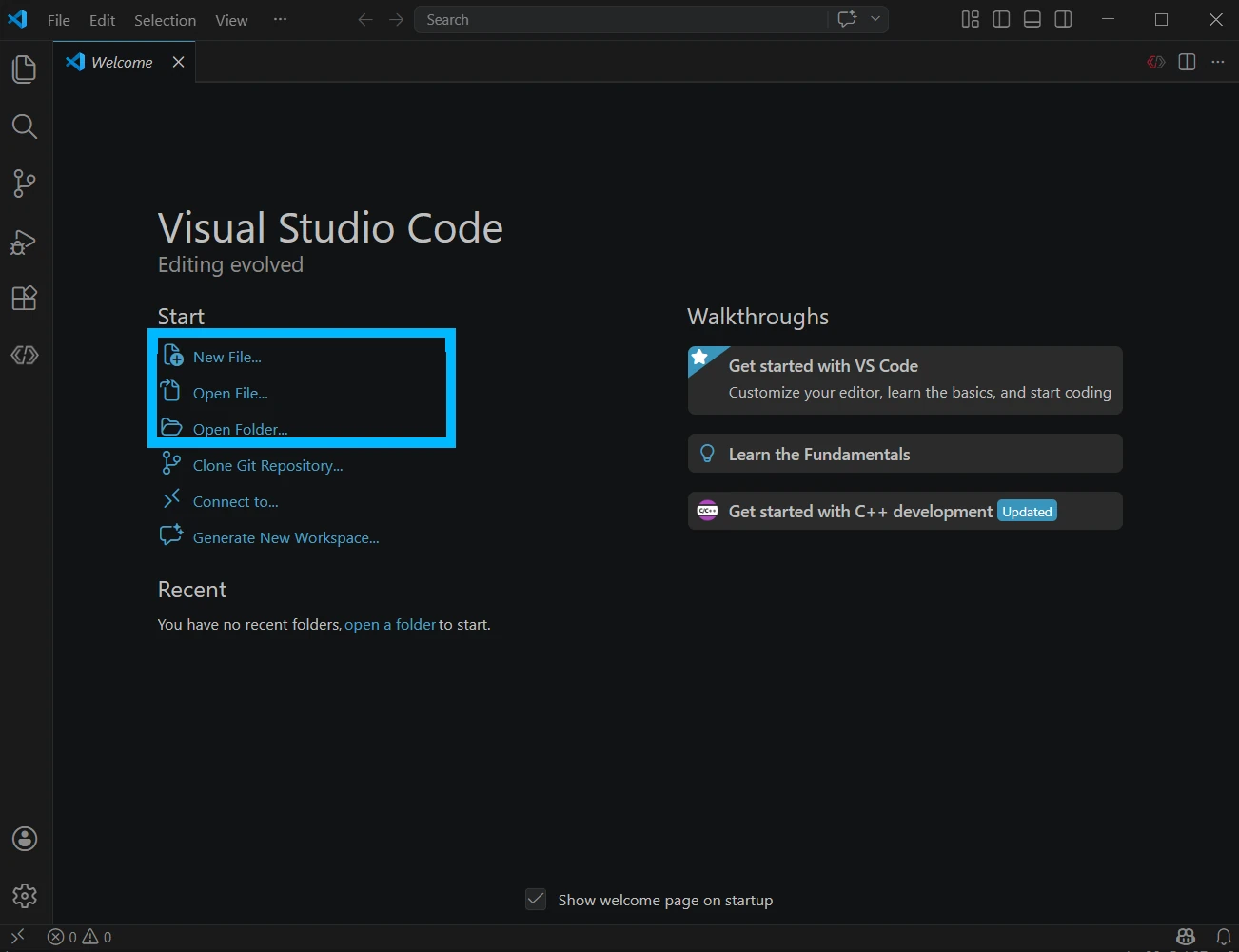 VS Code welcome page